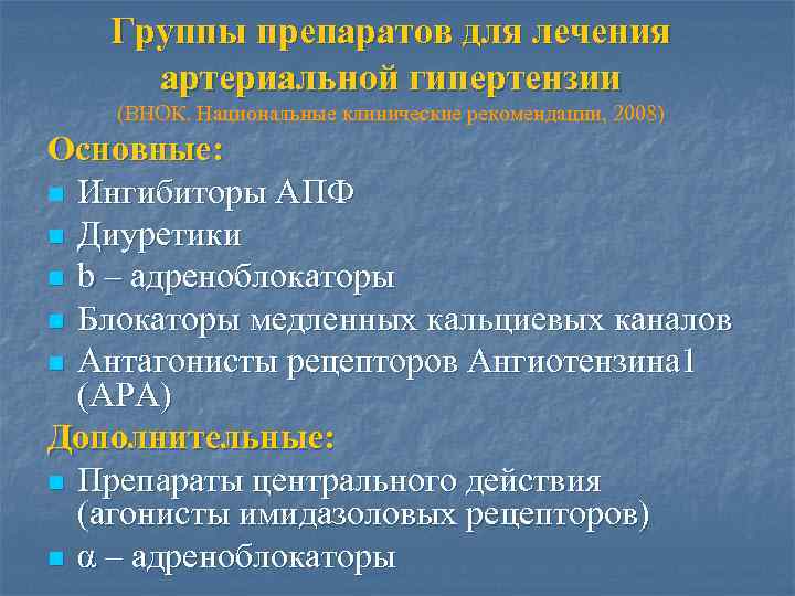 Группы препаратов для лечения артериальной гипертензии (ВНОК. Национальные клинические рекомендации, 2008) Основные: n Ингибиторы