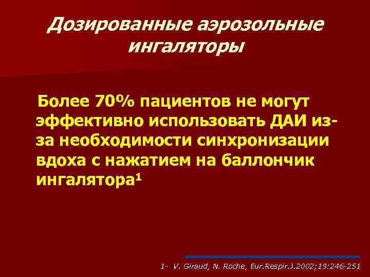 Дозированные аэрозольные ингаляторы Более 70% пациентов не могут эффективно использовать ДАИ изза необходимости синхронизации