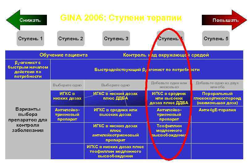 Снижать Ступень 1 GINA 2006: Ступени терапии Ступень 2 Ступень 3 Повышать Ступень 4