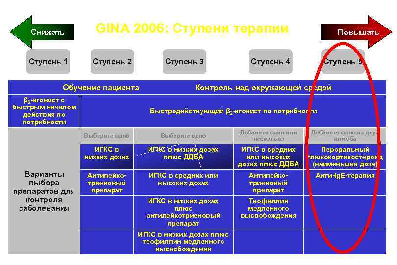 Снижать Ступень 1 GINA 2006: Ступени терапии Ступень 2 Ступень 3 Повышать Ступень 4