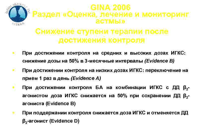 GINA 2006 Раздел «Оценка, лечение и мониторинг астмы» Снижение ступени терапии после достижения контроля