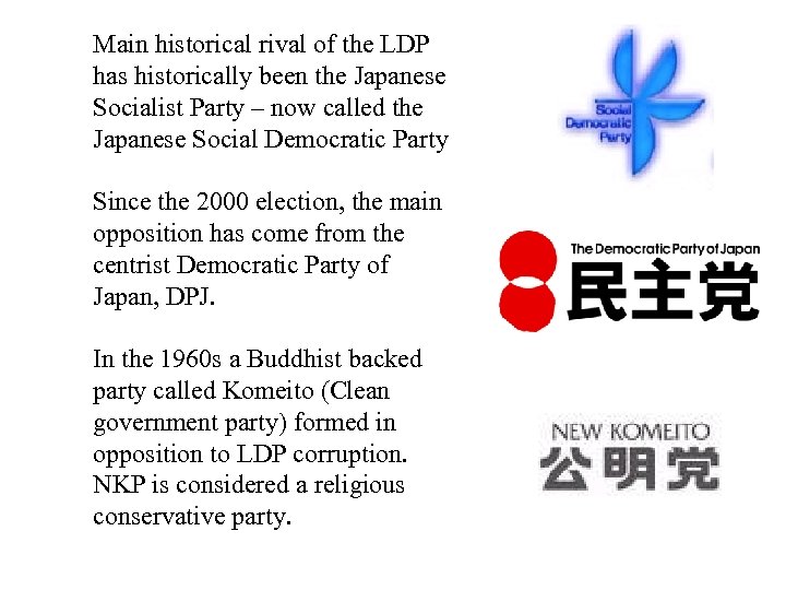 Main historical rival of the LDP has historically been the Japanese Socialist Party –