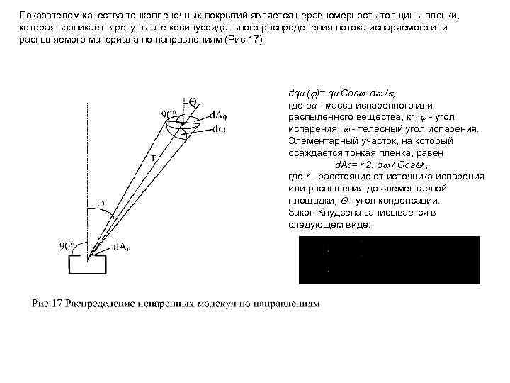Показателем качества тонкопленочных покрытий является неравномерность толщины пленки, которая возникает в результате косинусоидального распределения