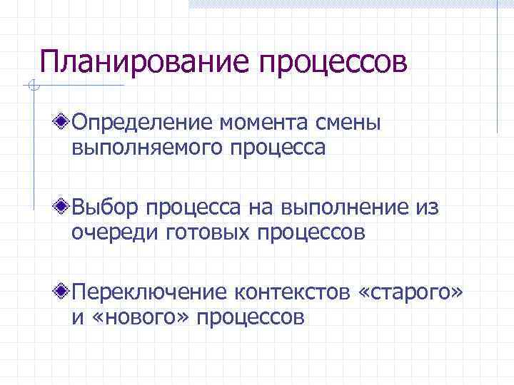 Планирование процессов Определение момента смены выполняемого процесса Выбор процесса на выполнение из очереди готовых