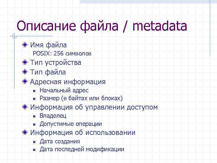 Описание файла / metadata Имя файла POSIX: 256 символов Тип устройства Тип файла Адресная