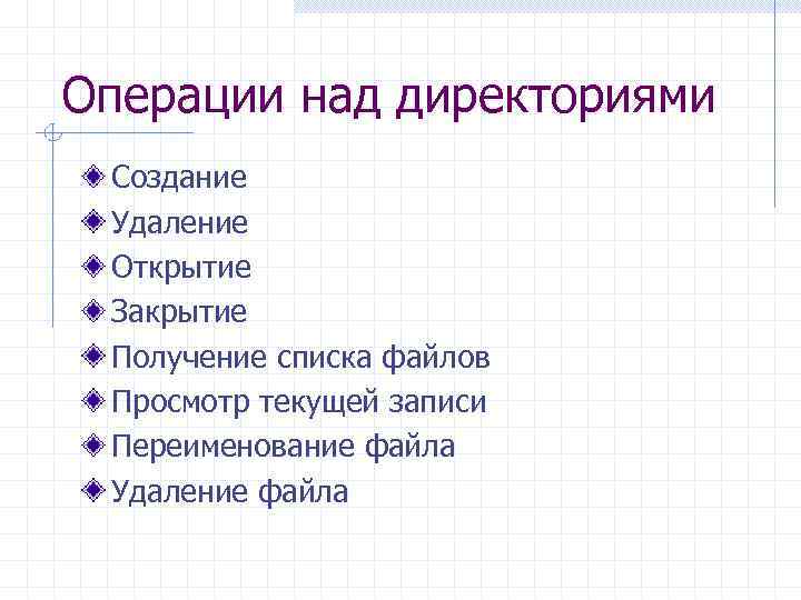 Операции над директориями Создание Удаление Открытие Закрытие Получение списка файлов Просмотр текущей записи Переименование