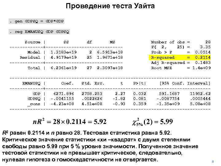 Проведение теста Уайта. gen GDPSQ = GDP*GDP. reg EMANUSQ GDPSQ Source | SS df