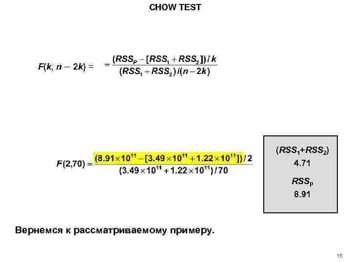 CHOW TEST F(k, n – 2 k) = (RSS 1+RSS 2) 4. 71 RSSP