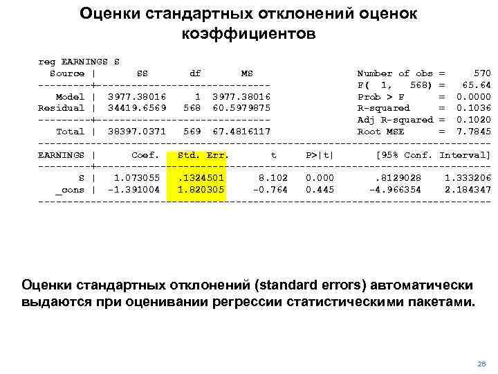 Оценки стандартных отклонений оценок коэффициентов reg EARNINGS S Source | SS df MS Number