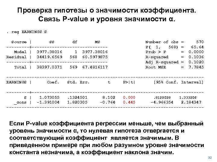 Проверка гипотезы о значимости коэффициента. Связь P-value и уровня значимости α. . reg EARNINGS