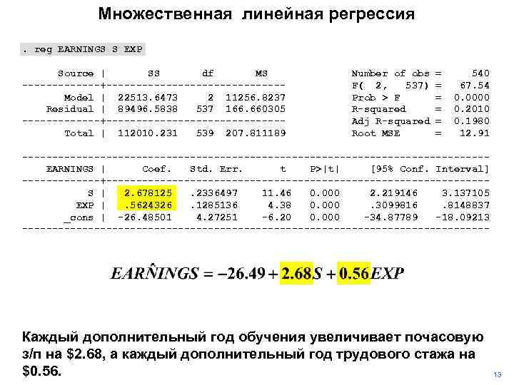 Множественная линейная регрессия. reg EARNINGS S EXP Source | SS df MS -------+---------------Model |