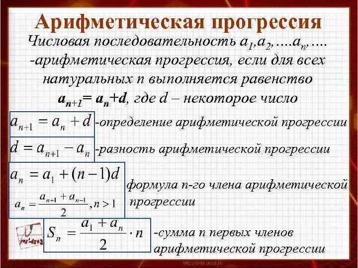 Арифметическая прогрессия Числовая последовательность а 1, а 2, …. аn, …. -арифметическая прогрессия, если