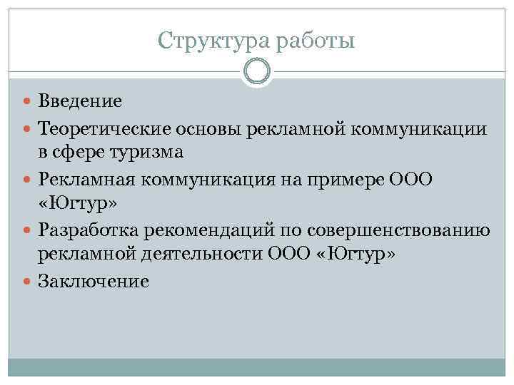 Структура работы Введение Теоретические основы рекламной коммуникации в сфере туризма Рекламная коммуникация на примере