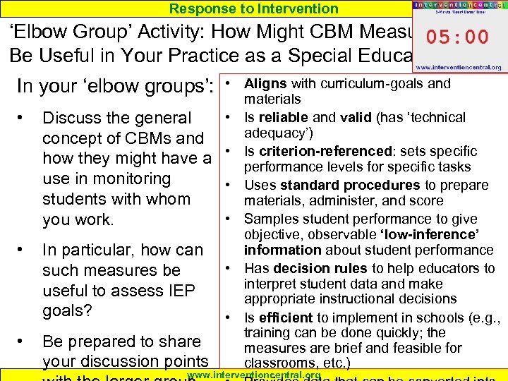 Response to Intervention ‘Elbow Group’ Activity: How Might CBM Measures Be Useful in Your