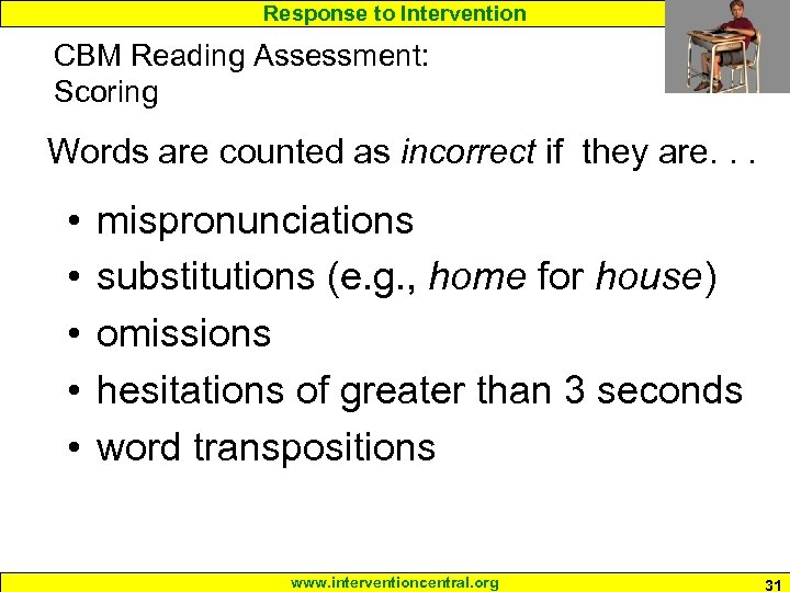 Response to Intervention CBM Reading Assessment: Scoring Words are counted as incorrect if they