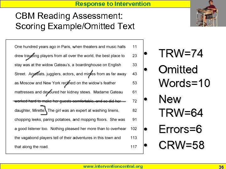 Response to Intervention CBM Reading Assessment: Scoring Example/Omitted Text • TRW=74 • Omitted Words=10