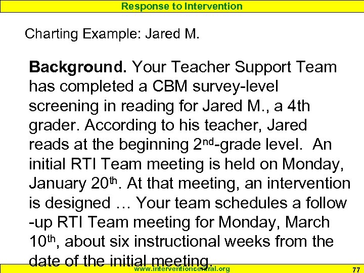Response to Intervention Charting Example: Jared M. Background. Your Teacher Support Team has completed