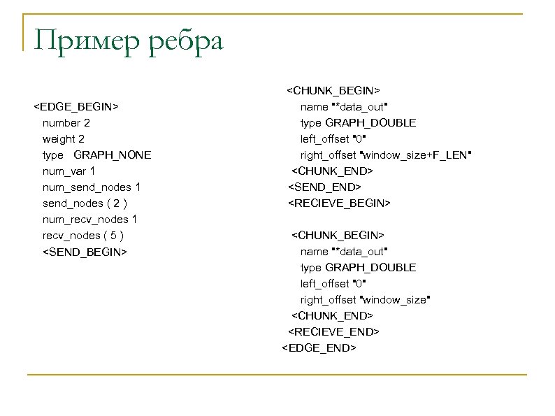 Пример ребра <EDGE_BEGIN> number 2 weight 2 type GRAPH_NONE num_var 1 num_send_nodes 1 send_nodes