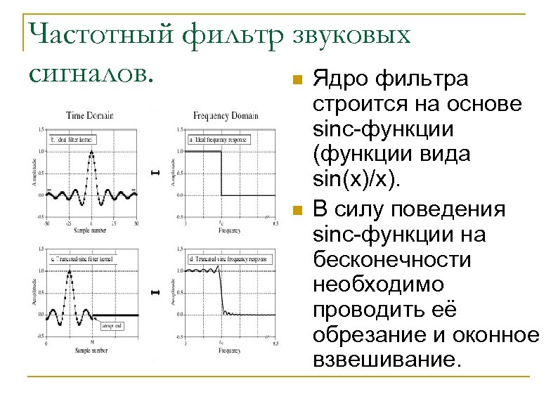 Частотный фильтр звуковых сигналов. n Ядро фильтра n строится на основе sinc-функции (функции вида