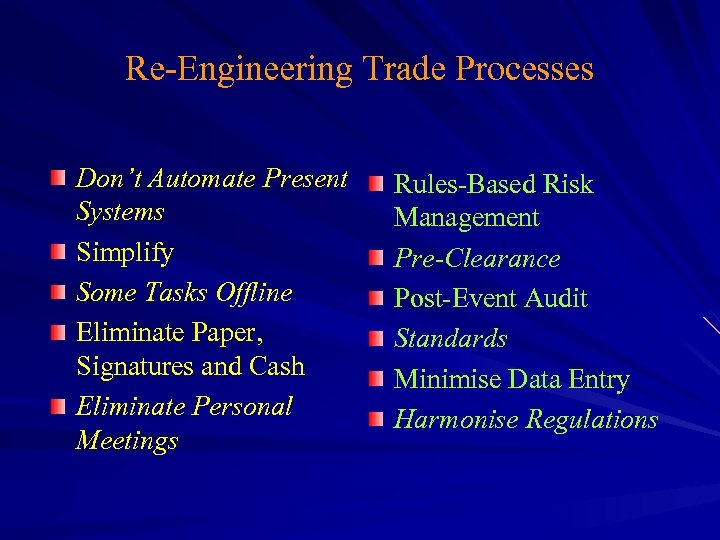 Re-Engineering Trade Processes Don’t Automate Present Systems Simplify Some Tasks Offline Eliminate Paper, Signatures