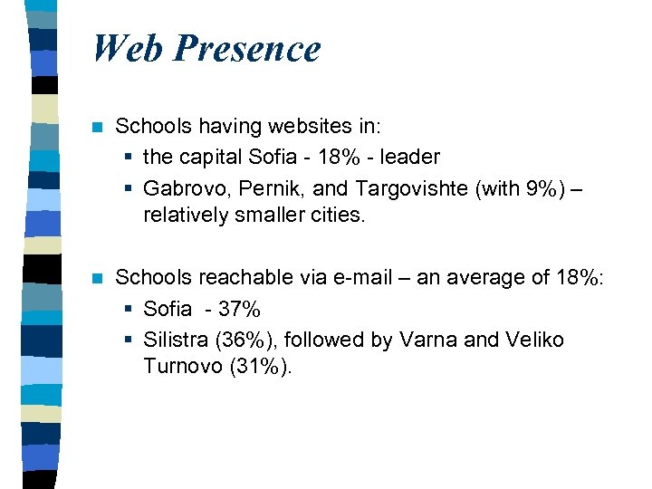 Web Presence n Schools having websites in: § the capital Sofia - 18% -