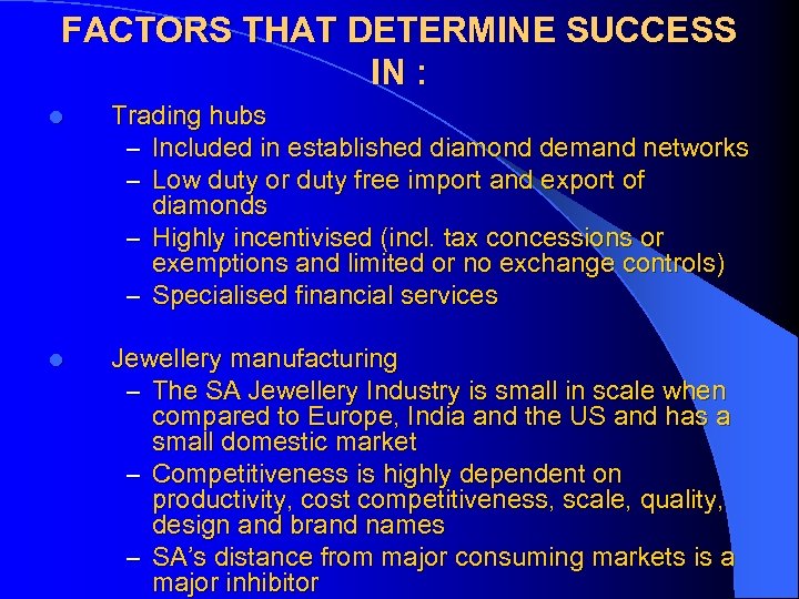 FACTORS THAT DETERMINE SUCCESS IN : l Trading hubs – Included in established diamond