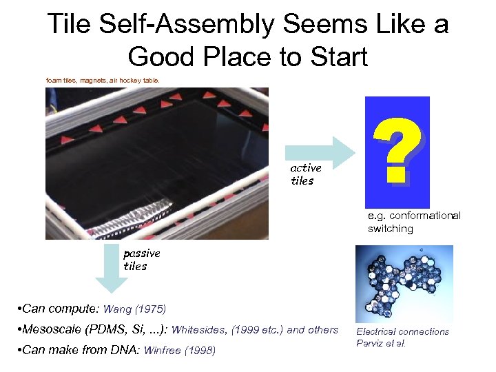 Tile Self-Assembly Seems Like a Good Place to Start foam tiles, magnets, air hockey