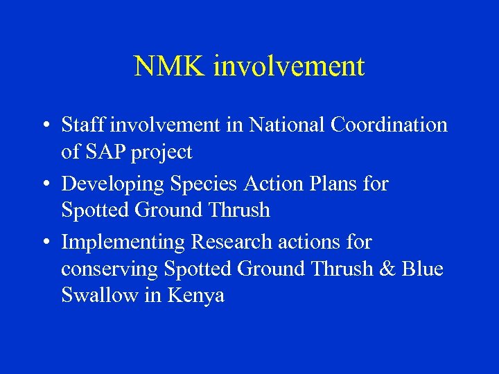 NMK involvement • Staff involvement in National Coordination of SAP project • Developing Species
