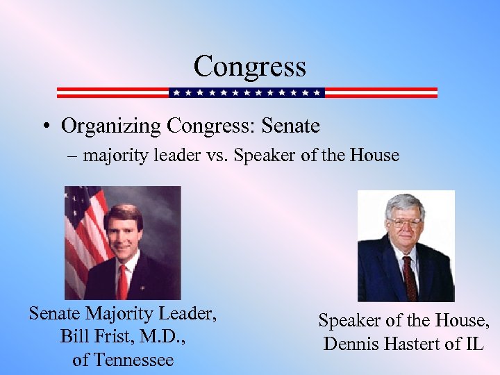 Congress • Organizing Congress: Senate – majority leader vs. Speaker of the House Senate