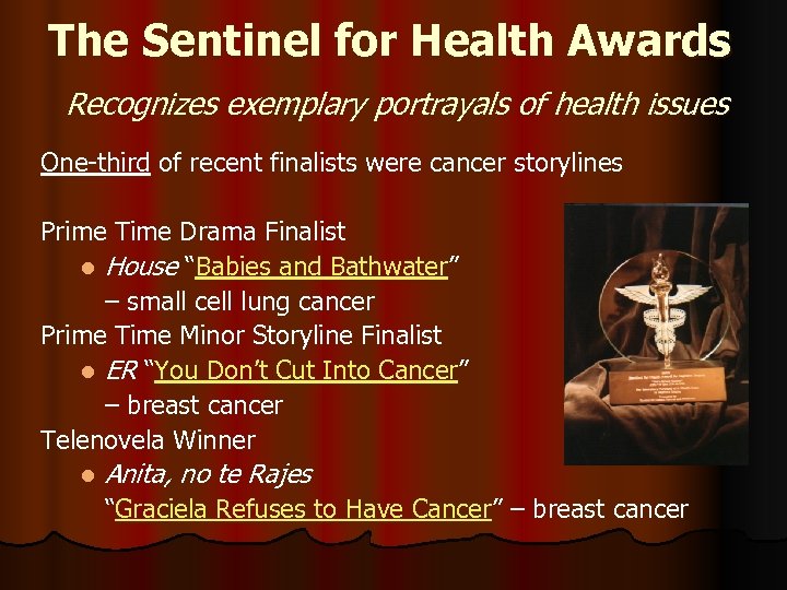 The Sentinel for Health Awards Recognizes exemplary portrayals of health issues One-third of recent