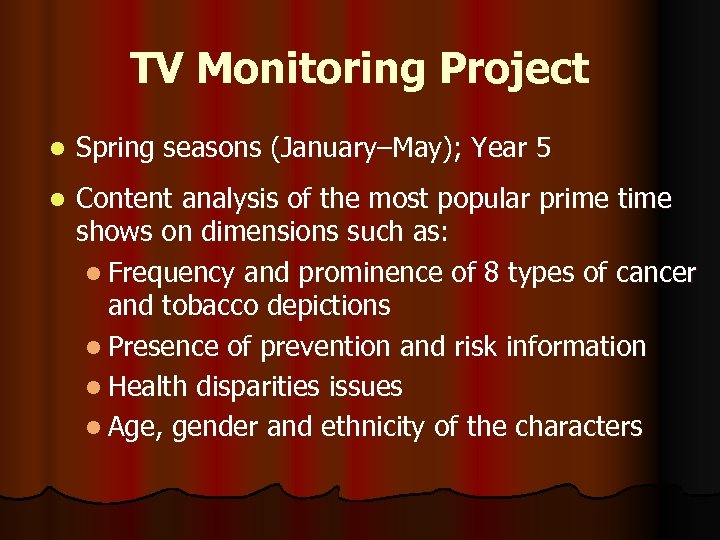 TV Monitoring Project l Spring seasons (January–May); Year 5 l Content analysis of the