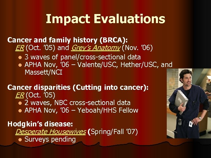 Impact Evaluations Cancer and family history (BRCA): ER (Oct. ’ 05) and Grey’s Anatomy