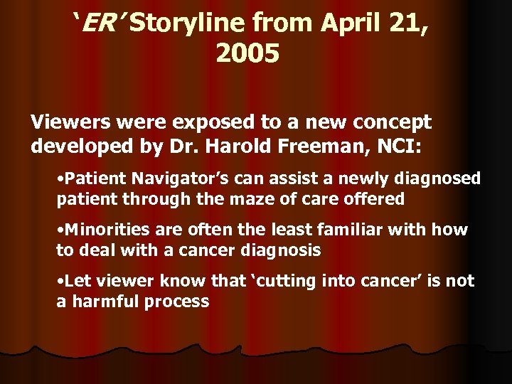 ‘ER’ Storyline from April 21, 2005 Viewers were exposed to a new concept developed