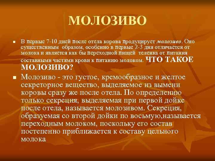 МОЛОЗИВО n n В первые 7 -10 дней после отела корова продуцирует молозиво. Оно