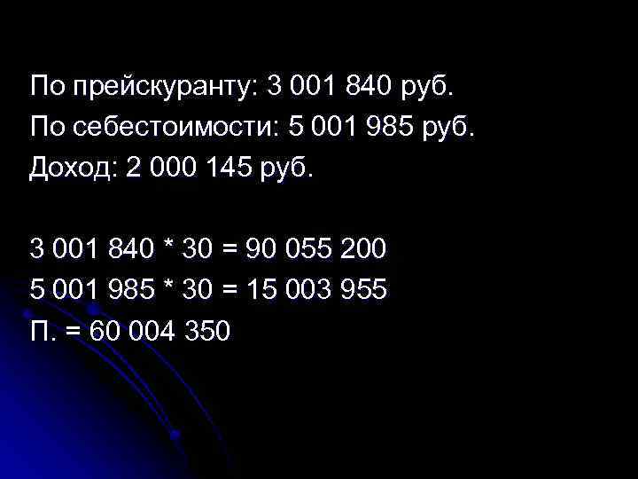 По прейскуранту: 3 001 840 руб. По себестоимости: 5 001 985 руб. Доход: 2