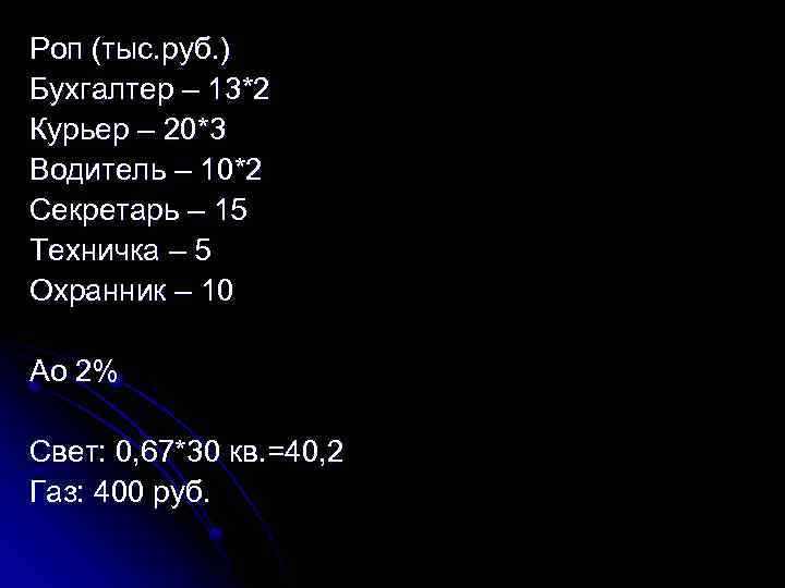 Роп (тыс. руб. ) Бухгалтер – 13*2 Курьер – 20*3 Водитель – 10*2 Секретарь