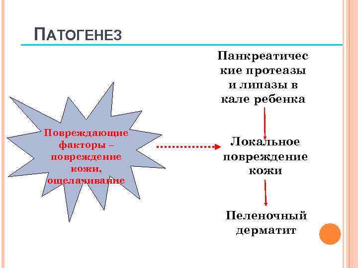 ПАТОГЕНЕЗ Панкреатичес кие протеазы и липазы в кале ребенка Повреждающие факторы – повреждение кожи,