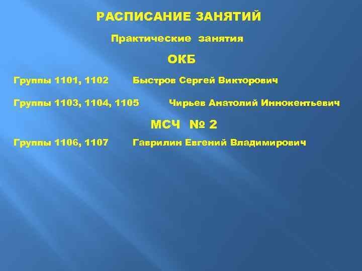 РАСПИСАНИЕ ЗАНЯТИЙ Практические занятия ОКБ Группы 1101, 1102 Быстров Сергей Викторович Группы 1103, 1104,