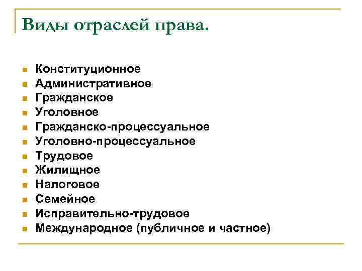 Виды отраслей права. n n n Конституционное Административное Гражданское Уголовное Гражданско-процессуальное Уголовно-процессуальное Трудовое Жилищное