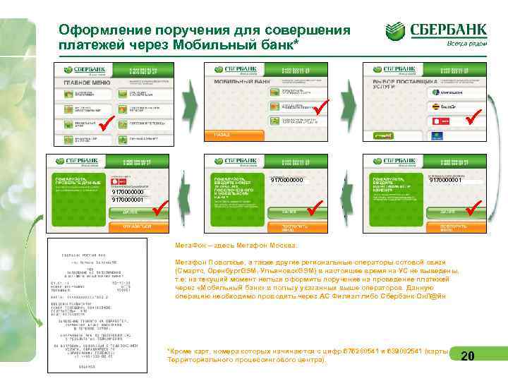 Оформление поручения для совершения платежей через Мобильный банк* P P 9170000000 9170000001 P P