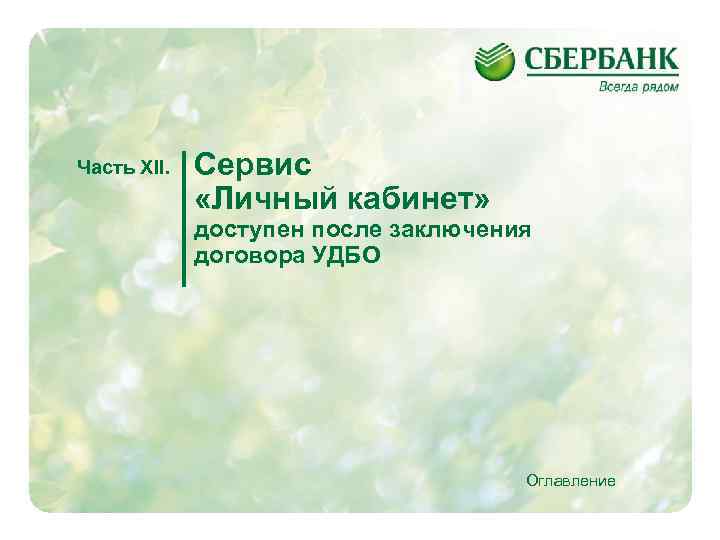 Часть XII. Сервис «Личный кабинет» доступен после заключения договора УДБО Оглавление 41 