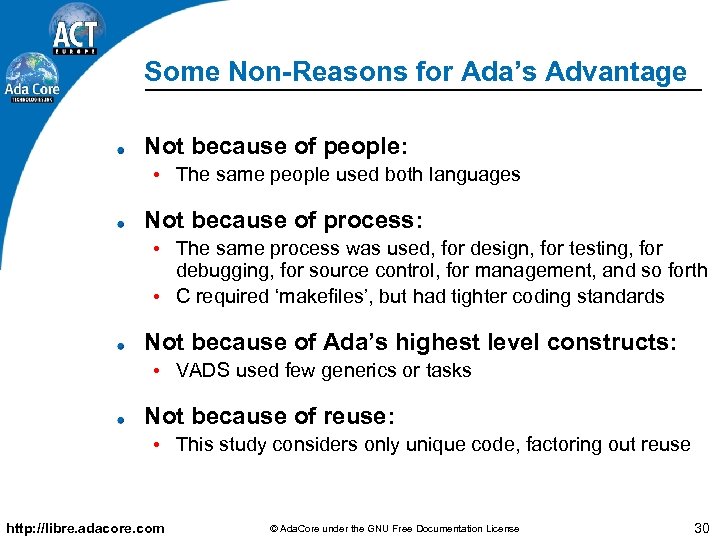 Some Non-Reasons for Ada’s Advantage Not because of people: • The same people used