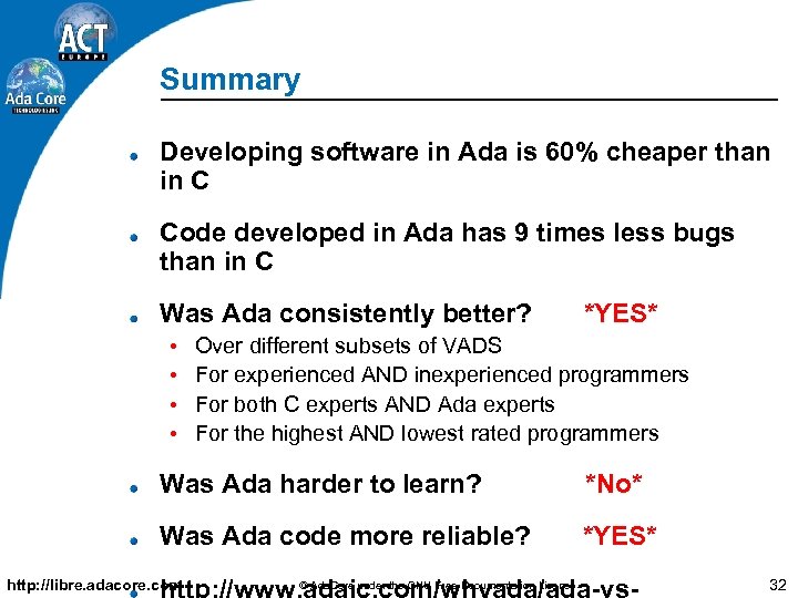 Summary Developing software in Ada is 60% cheaper than in C Code developed in