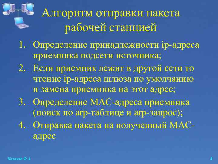 Алгоритм отправки пакета рабочей станцией 1. Определение принадлежности ip-адреса приемника подсети источника; 2. Если