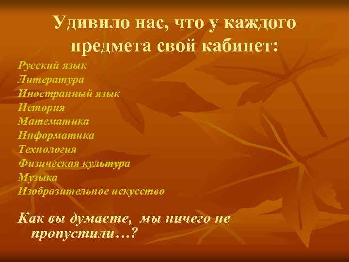 Удивило нас, что у каждого предмета свой кабинет: Русский язык Литература Иностранный язык История