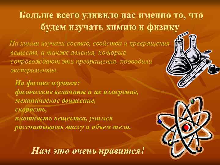 Больше всего удивило нас именно то, что будем изучать химию и физику На химии