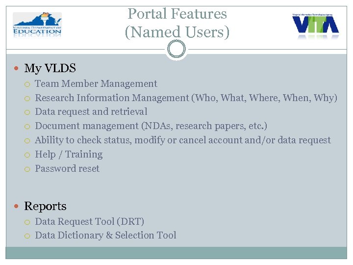 Portal Features (Named Users) My VLDS Team Member Management Research Information Management (Who, What,