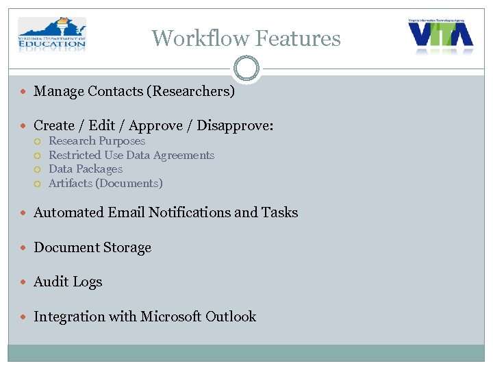 Workflow Features Manage Contacts (Researchers) Create / Edit / Approve / Disapprove: Research Purposes