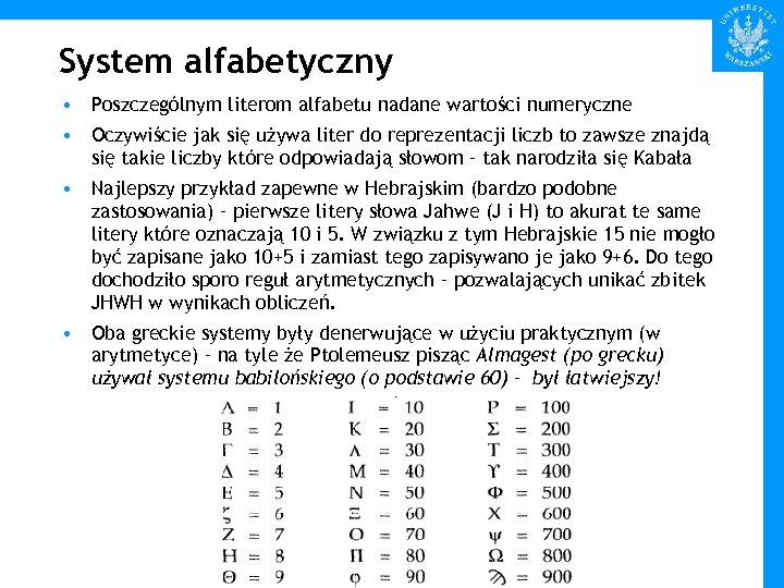 System alfabetyczny • Poszczególnym literom alfabetu nadane wartości numeryczne • Oczywiście jak się używa