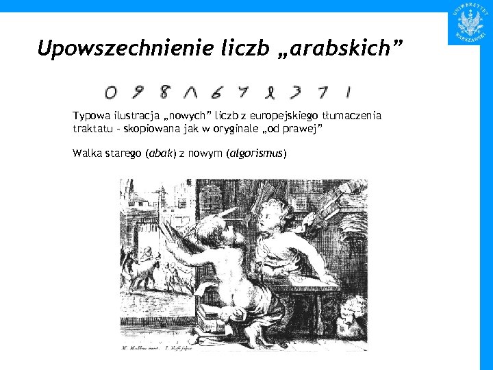 Upowszechnienie liczb „arabskich” Typowa ilustracja „nowych” liczb z europejskiego tłumaczenia traktatu – skopiowana jak